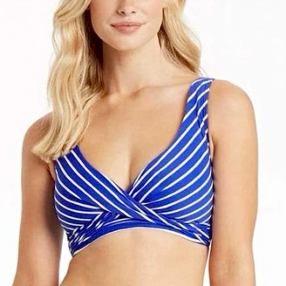 NEW Size 8-14 Sea Level Swim Chamarel Blue Striped Twist Front Multifit Swim Top